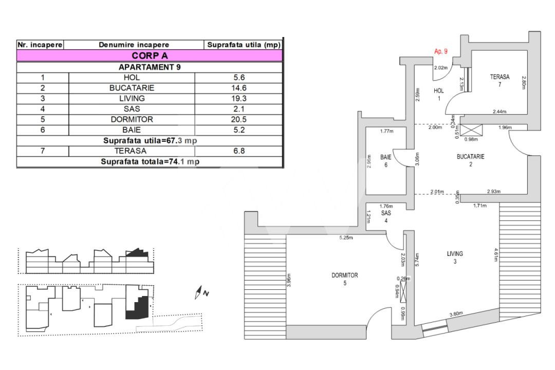 Apartament 2 camere, 74 mp, mansardă, terasă  6 mp