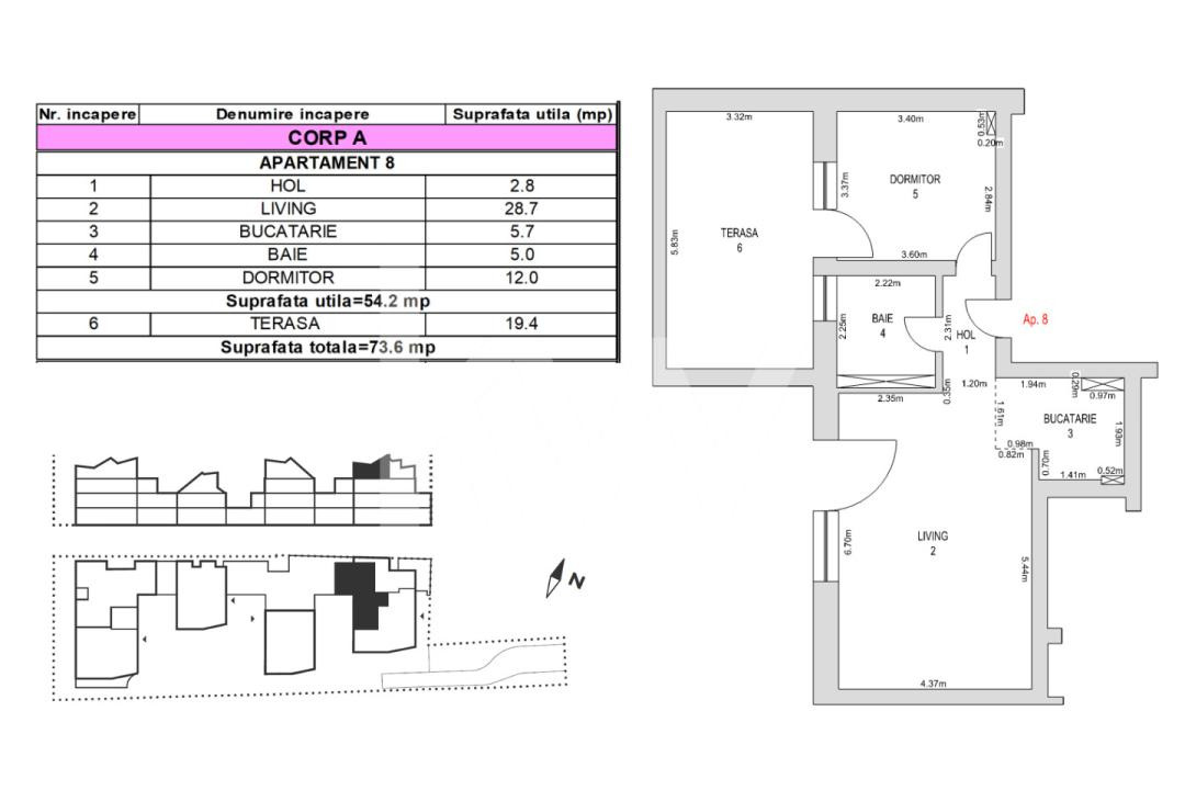 Apartament 2 camere, mansardă, 54.2mp, terasă 19.4mp