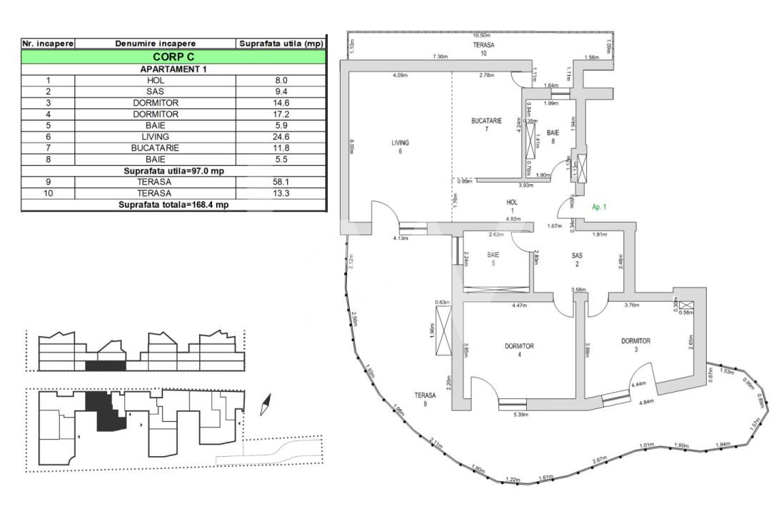 Apartament 3 camere, 97mp, parter, grădină 71.4mp