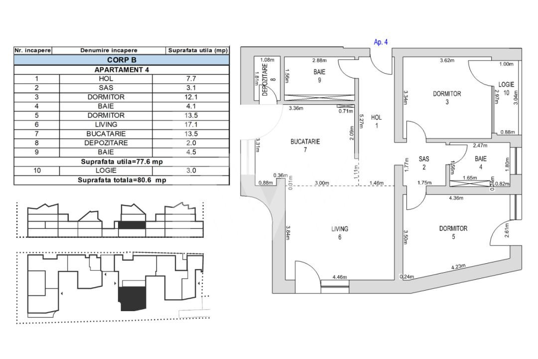 Apartament 3 camere, etaj 1, 80.6mp