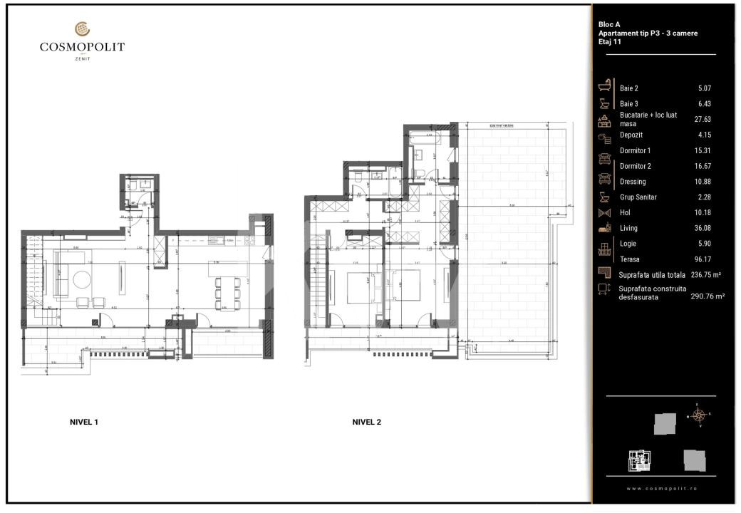 Penthouse 3 camere, 2 niveluri Cosmopolit Zenit