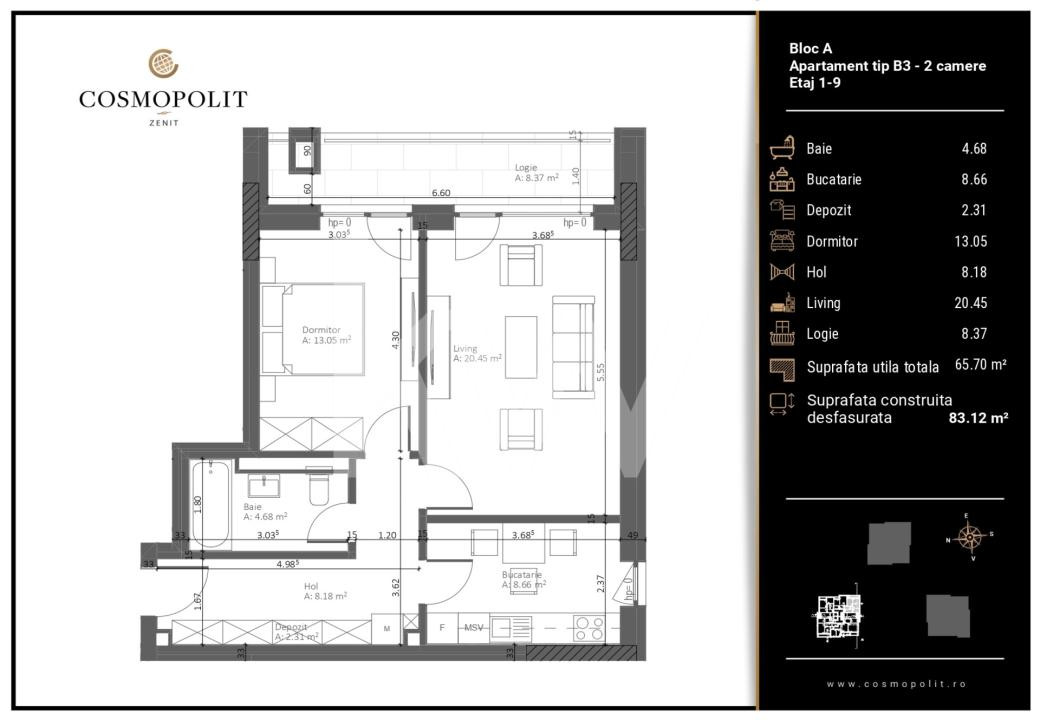 Apartament 2 camere Cosmopolit Zenit, Etajul 1